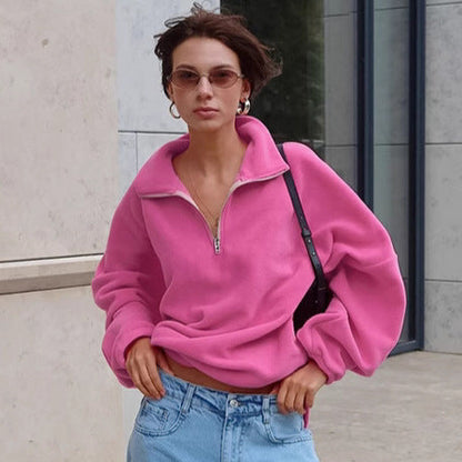 Sudadera polar con cuello rosa para mujer, otoño e invierno, de lana de cordero