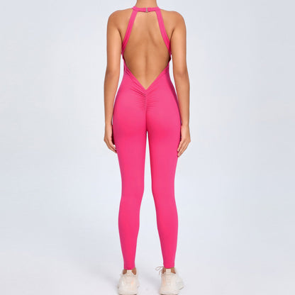 Mono de yoga con hebilla en la espalda para mujer, color melocotón, sin espalda, deportivo, de secado rápido, de una pieza, para fitness