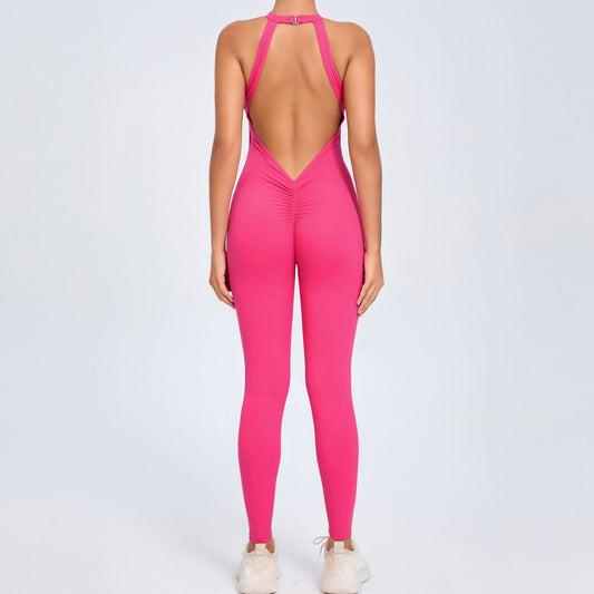 Mono de yoga con hebilla en la espalda para mujer, color melocotón, sin espalda, deportivo, de secado rápido, de una pieza, para fitness