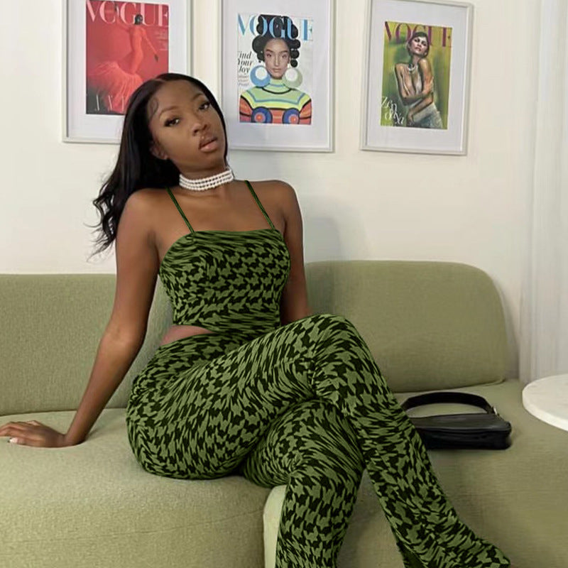 Traje verde estampado chaleco pantalones anchos traje casual de dos piezas
