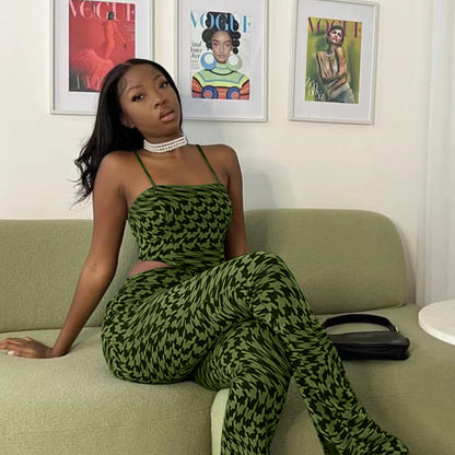 Traje verde estampado chaleco pantalones anchos traje casual de dos piezas