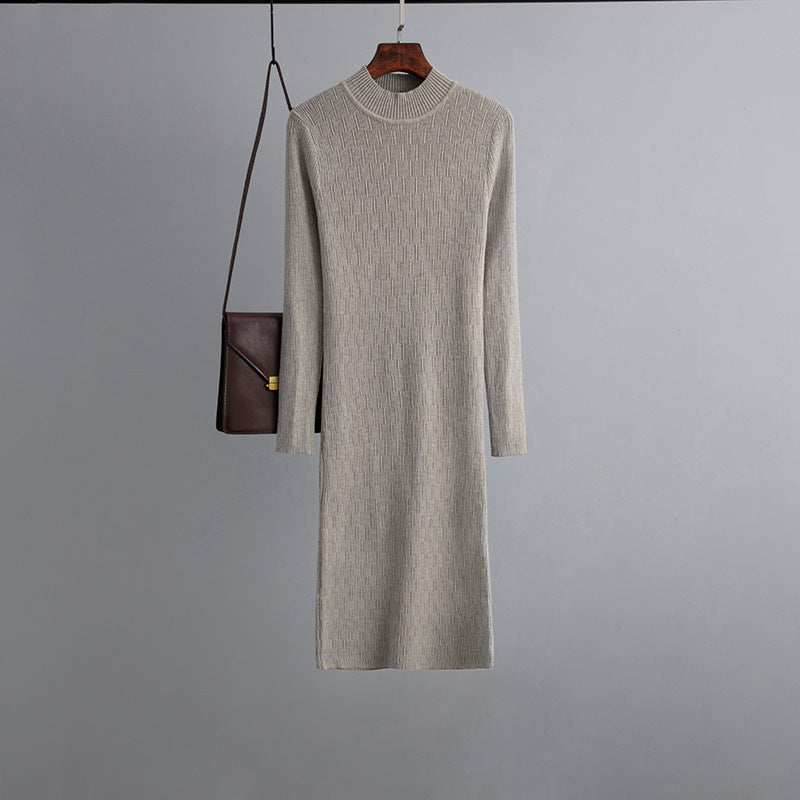 Vestido de punto con cuello alto y manga larga para mujer, prenda exterior de otoño e invierno, fino, por encima de la rodilla, largo medio, moderno