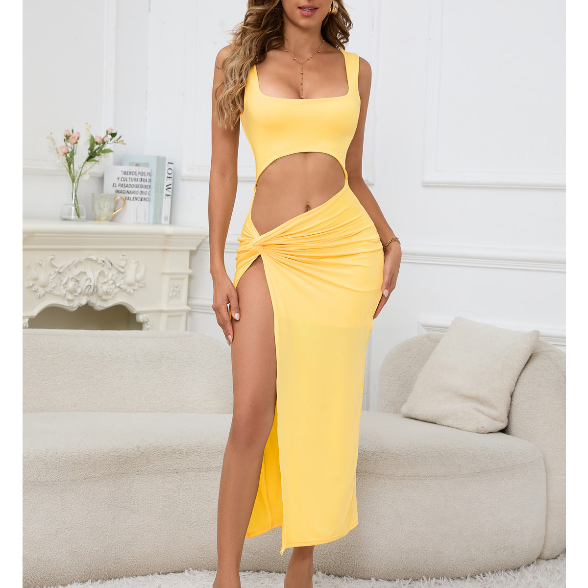 Vestido maxi de mujer con tirantes, color liso, calado, recortado, sexy