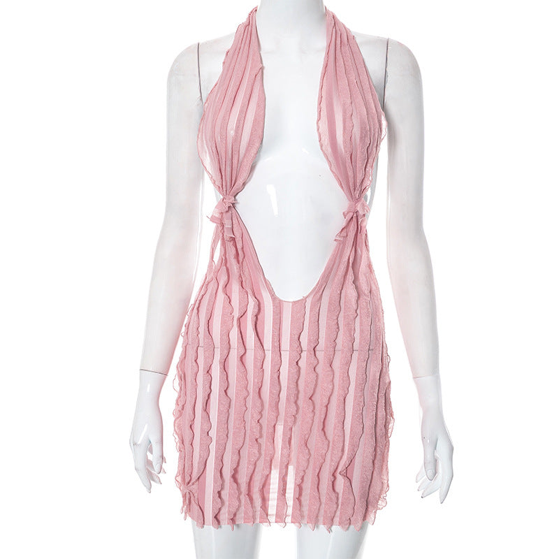 Vestido corto bandeau con cordones y estampado de ondas de verano para mujer