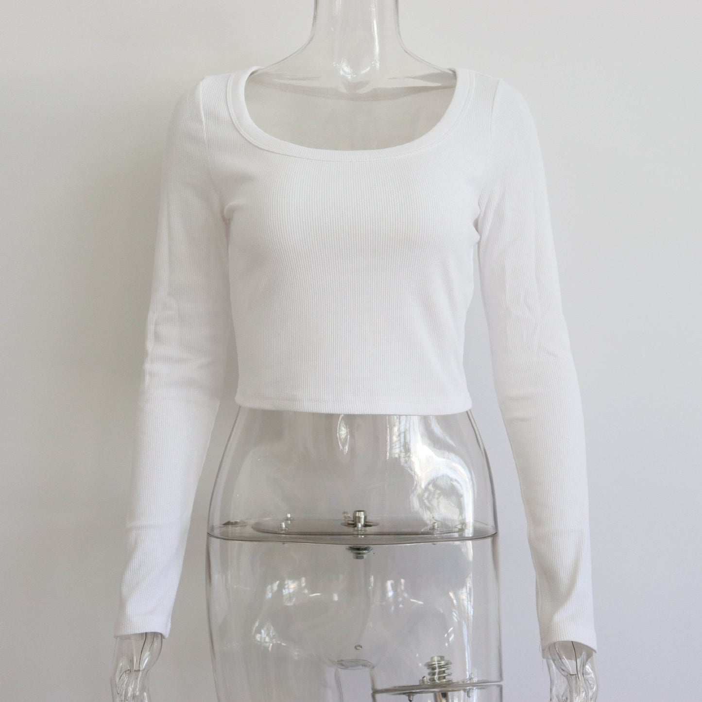 Top corto de canalé de manga larga con cuello redondo grande para mujer, informal, sexy, para otoño e invierno, tejido de punto, top ajustado de calle