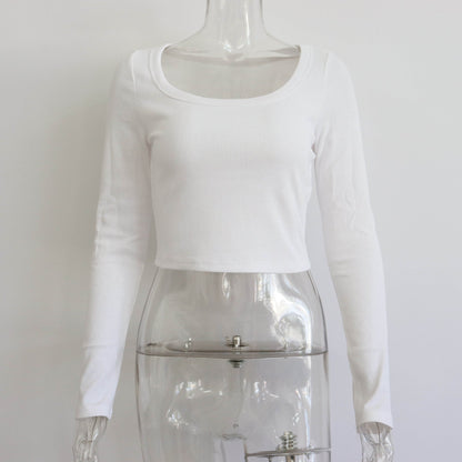Top corto de canalé de manga larga con cuello redondo grande para mujer, informal, sexy, para otoño e invierno, tejido de punto, top ajustado de calle