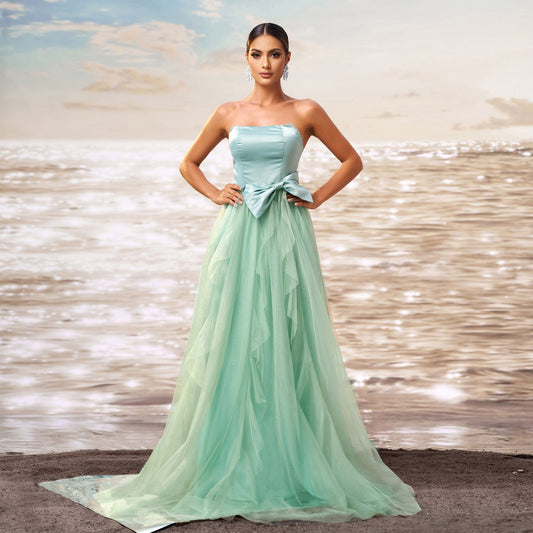 Women Clothing Sleeveless Wrapped Chest Slim Waist Cocktail Wide Hem Gauzy Evening Dress