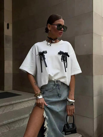 Camiseta de manga corta con estampado de encaje sexy y personalidad de nicho de algodón, top urbano que combina con todo.