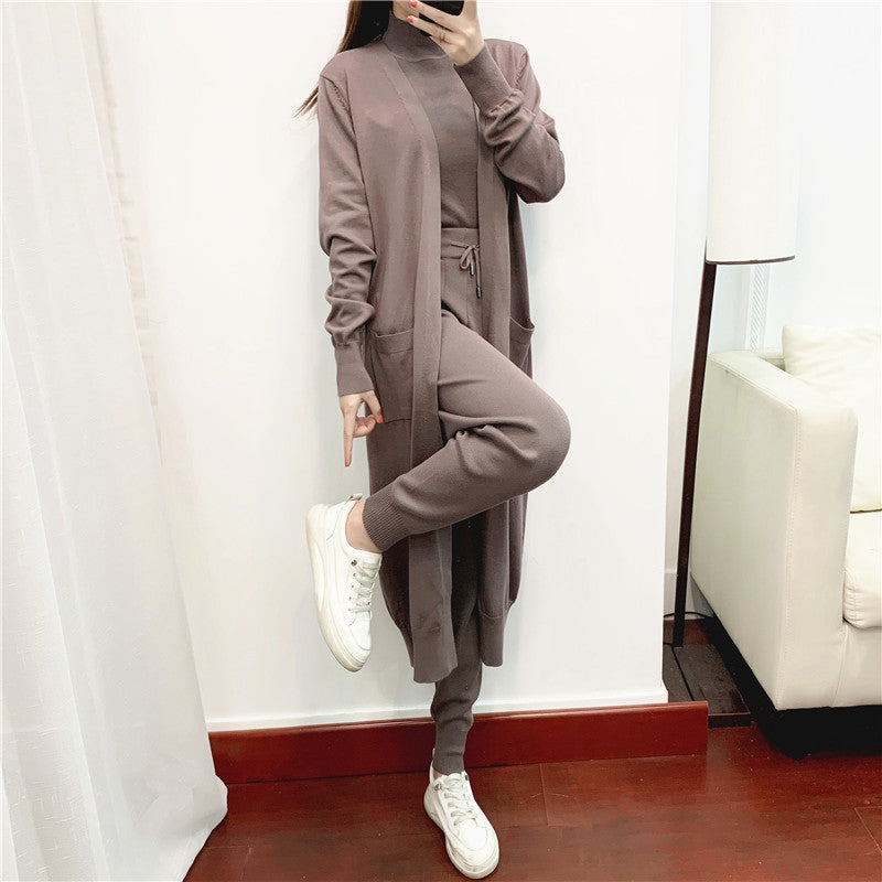 Conjuntos elegantes de moda de otoño para mujer, ropa de estilo occidental, aspecto juvenil, informal, de punto, cárdigan, chaleco, pantalones, conjunto de tres piezas