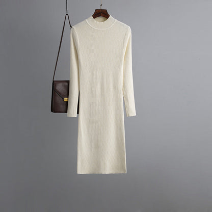 Vestido de punto con cuello alto y manga larga para mujer, prenda exterior de otoño e invierno, fino, por encima de la rodilla, largo medio, moderno