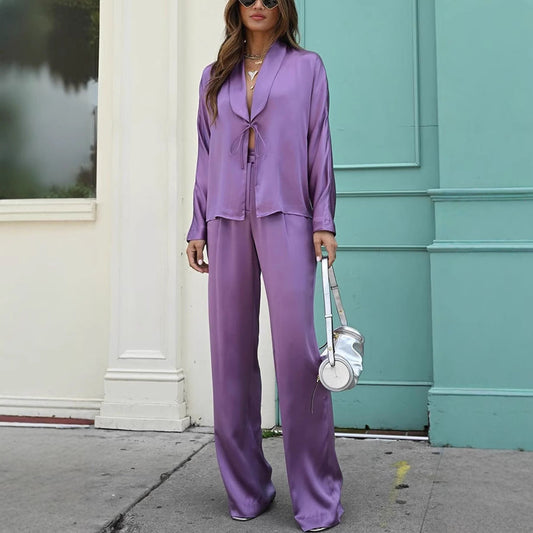 Conjuntos casuales de dos piezas con pantalones atados de color liso para primavera y verano