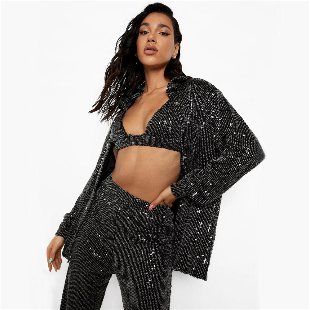 Conjunto de tres piezas formado por camiseta y pantalón de pierna recta y escote en V, para mujer, de manga larga y lentejuelas, para fiesta, primavera y verano