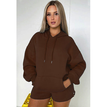 Suéter de manga larga con capucha y forro polar grueso de color liso para otoño e invierno, traje informal para mujer con pantalones cortos