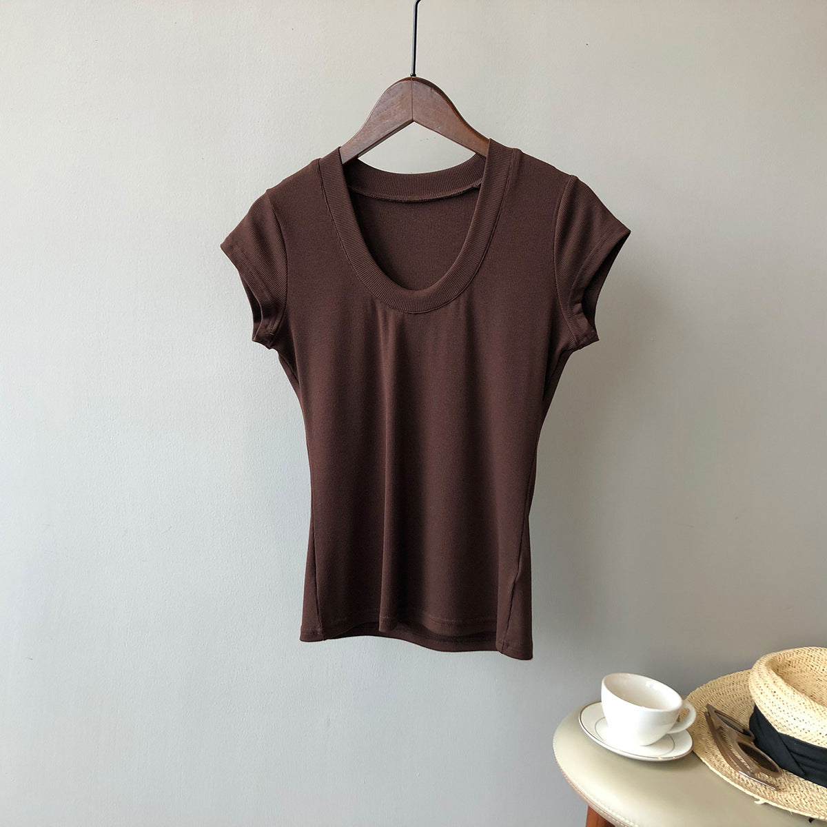 Camiseta de color liso para mujer, camiseta de verano sencilla con cuello en U, camiseta elástica adelgazante para mujer