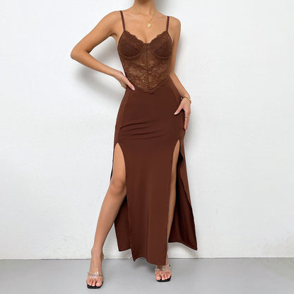Vestido de mujer con escote bajo, costuras sexys, cintura alta y tirantes divididos