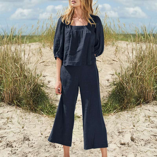 Ropa de talla grande para mujer, traje de pantalón de color liso, de algodón y lino, informal, de manga larga, holgado, de algodón
