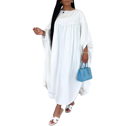 Women Clothing Autumn Winter Solid Color round Neck Loose Pleated Irregular Asymmetric Dress