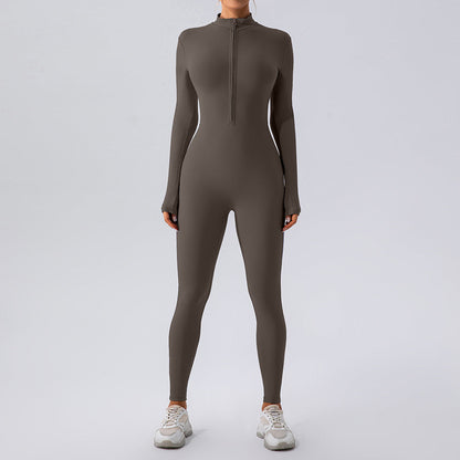 Mono de yoga de manga larga con cremallera y tacto nude para mujer, mono de una pieza para entrenamiento deportivo y fitness.