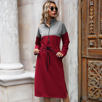 Vestido ajustado de primavera y otoño para mujer, con contraste de colores y cintura controlada, con cordones y abertura, largo medio.