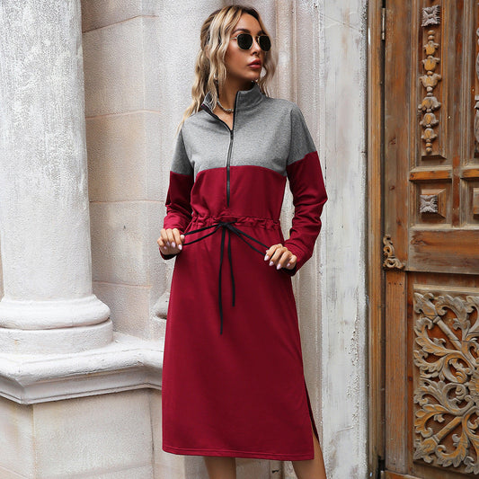 Vestido ajustado de primavera y otoño para mujer, con contraste de colores y cintura controlada, con cordones y abertura, largo medio.