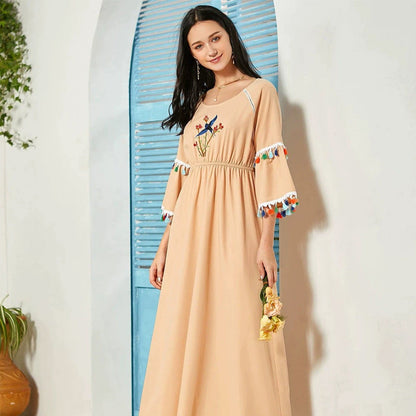 Vestido largo informal de cintura alta con cuello redondo y borlas para mujer