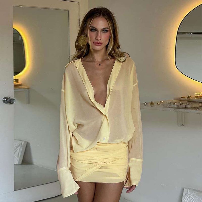 Vestido camisero elegante y sexy de primavera para mujer, ajustado, con cuello y cordones, vestido corto.