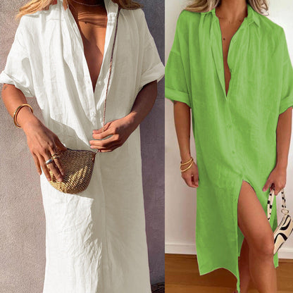 Vestido camisero de lino y algodón de longitud media con solapas sueltas de color liso para mujer de otoño