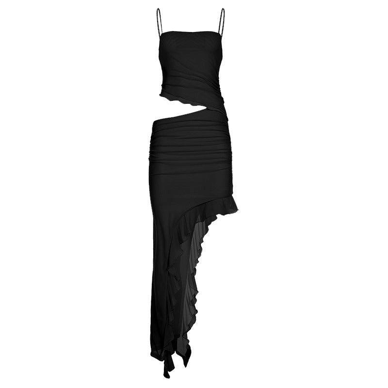 Vestido de vacaciones para mujer, estilo corto, de malla con volantes, irregular, asimétrico, de color liso, elegante y elegante, con cuello halter.