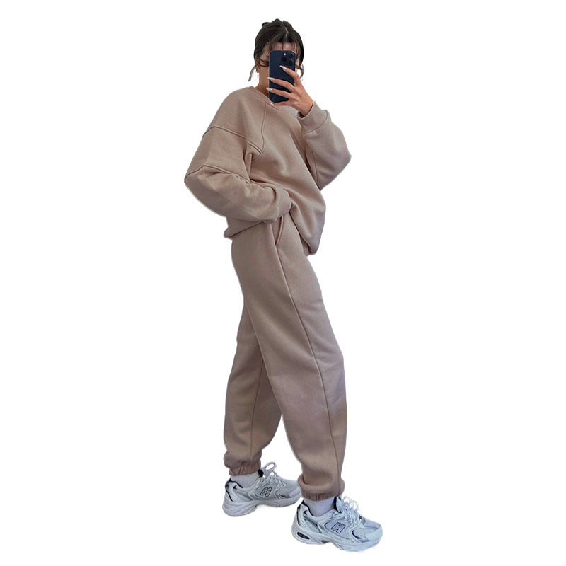Suéteres de manga larga con cuello redondo y color liso para mujer, ropa informal, pantalones holgados, traje, otoño e invierno