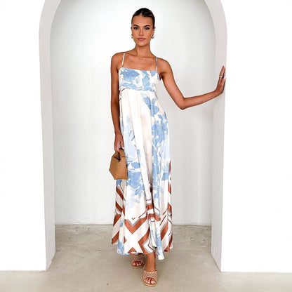 Vestido de verano con estampado de espalda descubierta y tirantes sexys, de cintura alta y vuelo grande para mujer