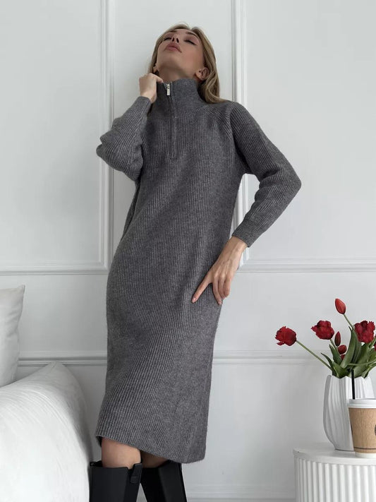 Turtleneck Half Zipper Woolen Dress Women Autumn Winter Loose Inner Wear Base Knitting Dress