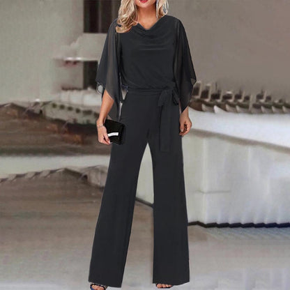 Mono informal de verano de color liso con cintura alta y cordones, pantalones de pierna recta para mujer