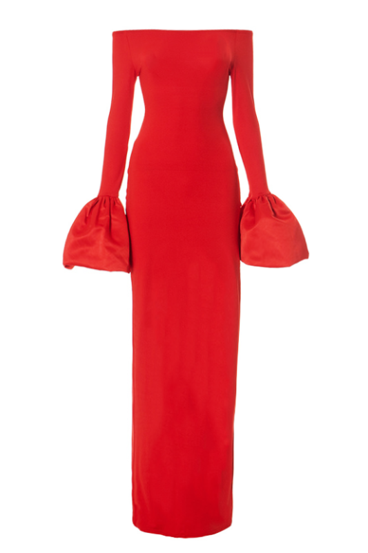 Vestido largo Virginia con hombros descubiertos y puños extragrandes 