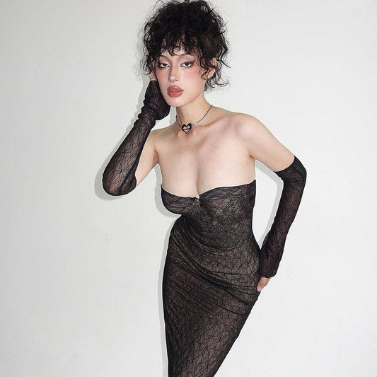 Summer Pure Sexy Lace Tube Top Hip Waist Controlled Sexy Dress with Oversleeves for Women