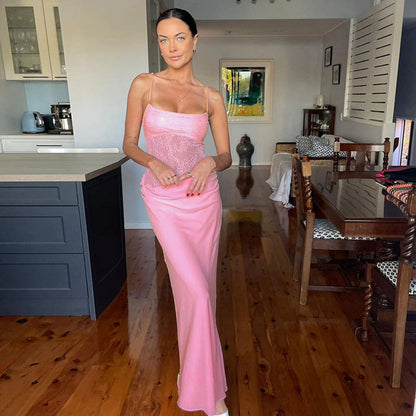 Vestido de primavera para mujer, sexy, con encaje y costuras transparentes, sin espalda