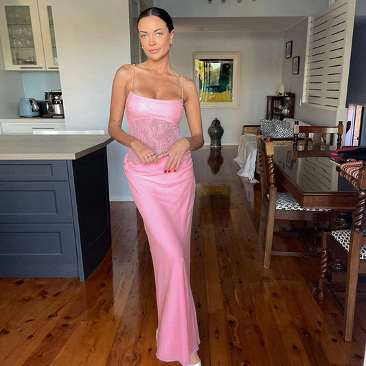 Vestido de primavera para mujer, sexy, con encaje y costuras transparentes, sin espalda