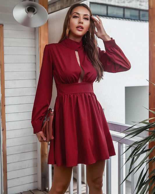 Women Clothing Autumn Winter Turtleneck Long Sleeve Pleated Dress