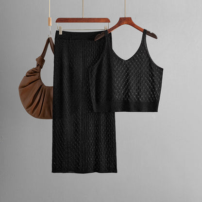 Conjunto de dos piezas de falda de punto con tirantes finos cortos y aberturas de verano