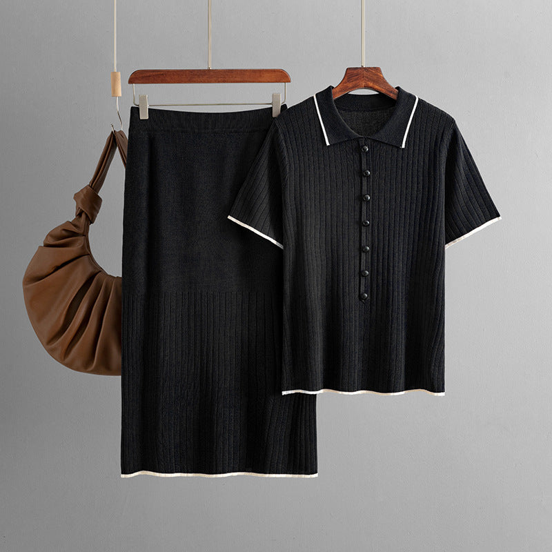 Conjunto elegante de falda de punto para mujer, primavera y verano, cuello polo, dos piezas