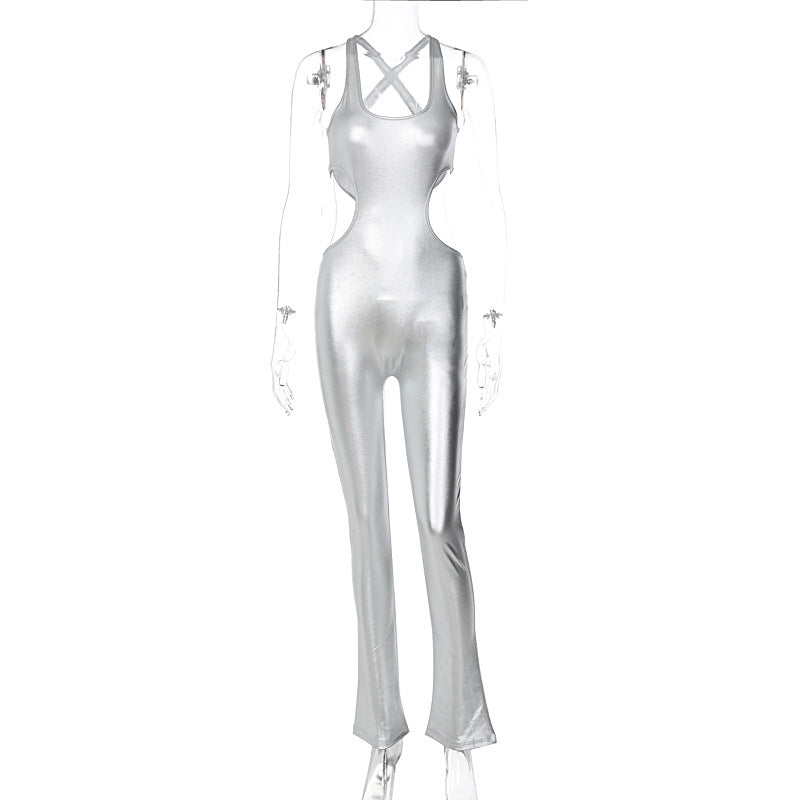 Mono de invierno para mujer, de tela con revestimiento metálico, de piel sintética, sexy, con escote en la espalda, ajustado y sin mangas.