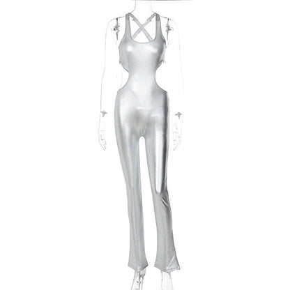 Mono de invierno para mujer, de tela con revestimiento metálico, de piel sintética, sexy, con escote en la espalda, ajustado y sin mangas.