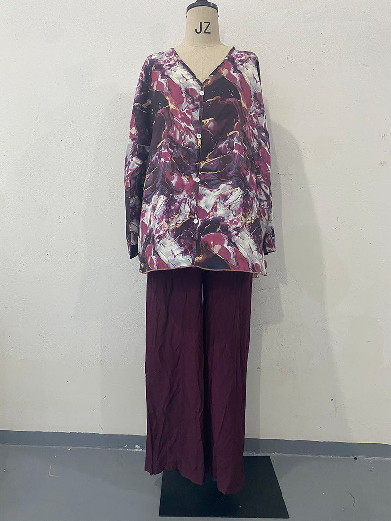 Camisa estampada pintada a mano de primavera, pantalones de pierna ancha, ropa de dos piezas para mujer