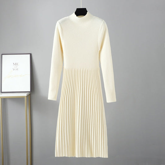 Vestido de otoño-invierno de color liso, cuello medio, grueso por debajo de las rodillas, largo medio, cintura ajustada, suave y suave.