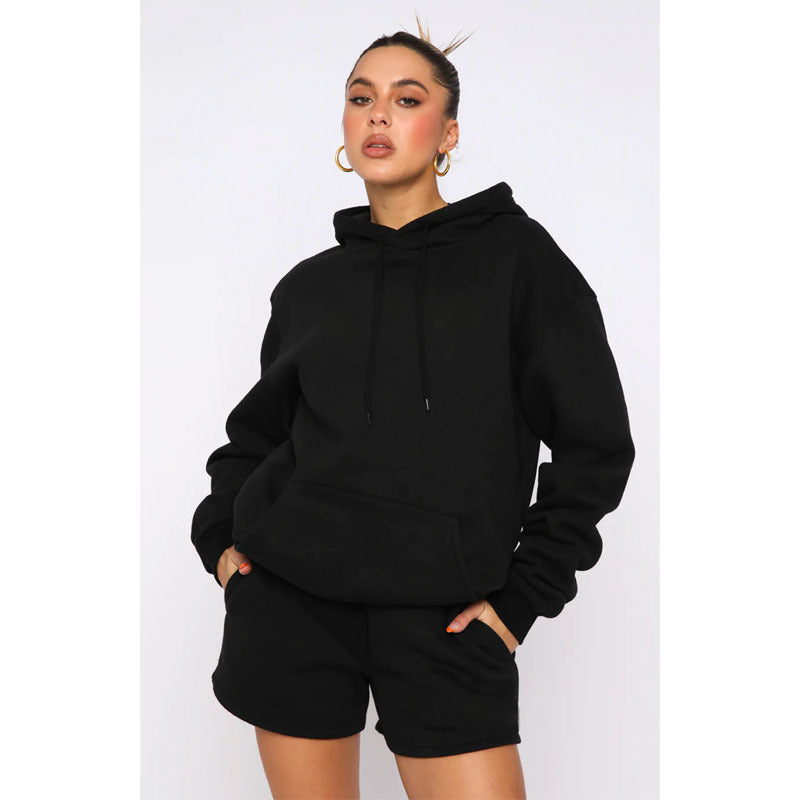 Suéter de manga larga con capucha y forro polar grueso de color liso para otoño e invierno, traje informal para mujer con pantalones cortos