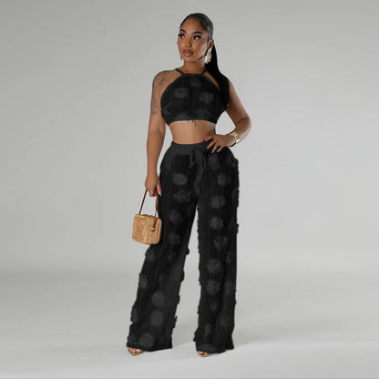 Knotted Short Top with Loose Slim Trousers Solid Color See through Two Piece Set for Women