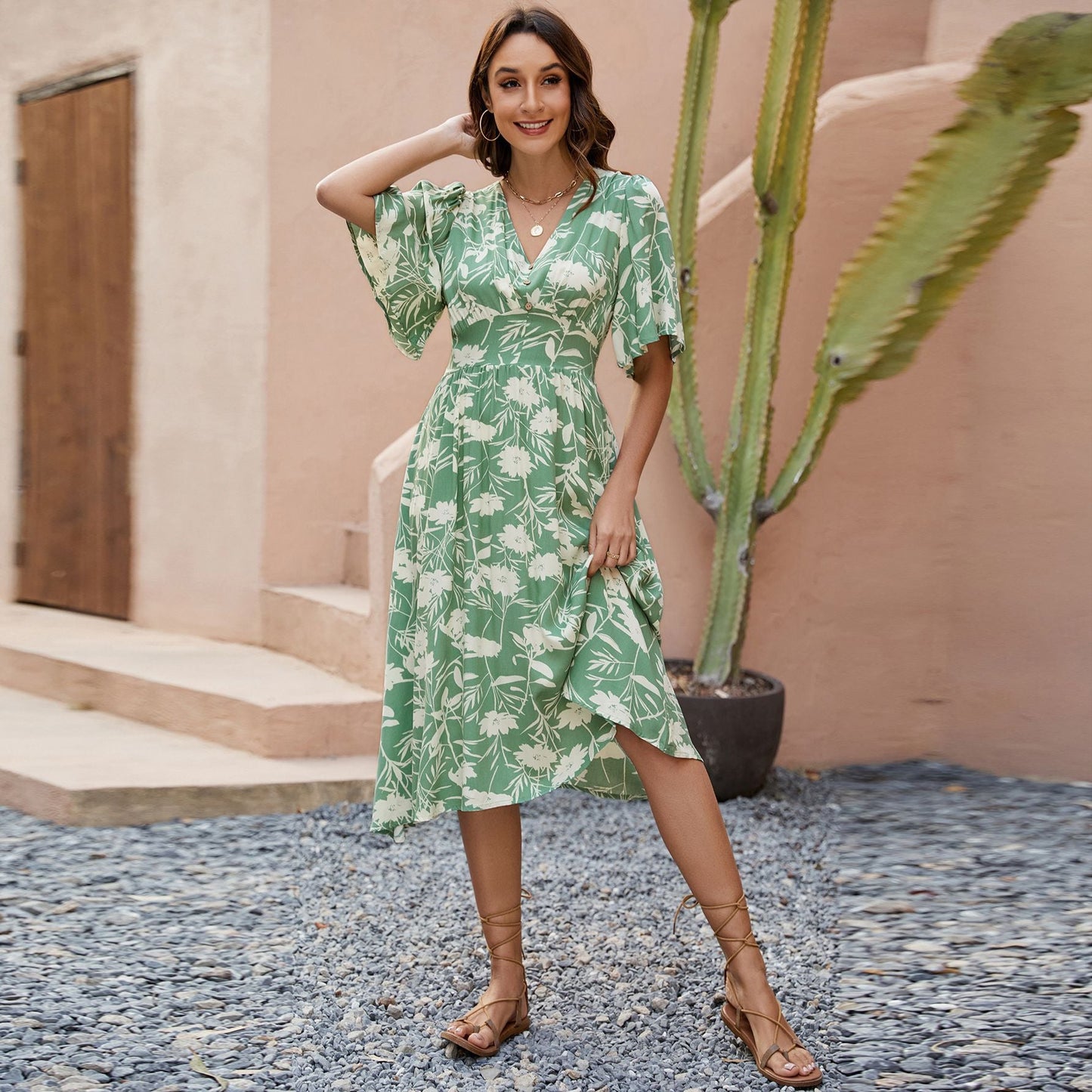 Vestido bohemio para mujer, estampado, cuello en V, manga corta, cintura ajustada, para fiesta de playa