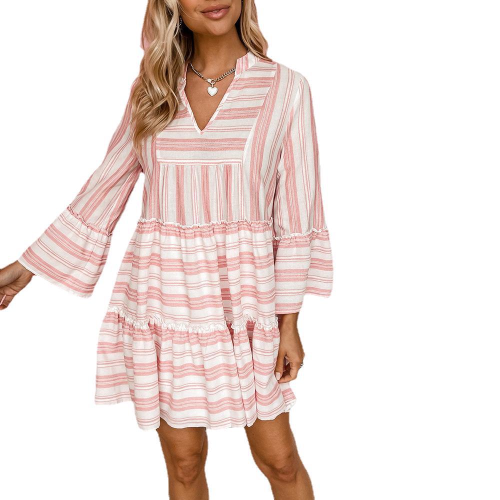 Vestido babydoll informal con cuello en V, manga larga, acampanado y estampado floral para mujer, primavera y verano