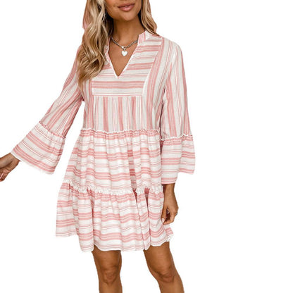 Vestido babydoll informal con cuello en V, manga larga, acampanado y estampado floral para mujer, primavera y verano