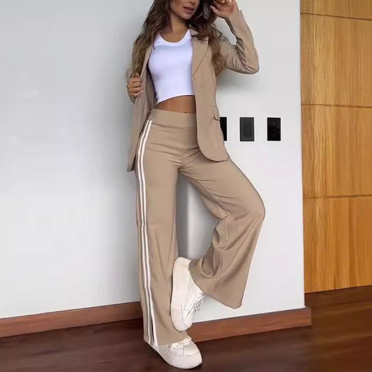 Traje informal de dos piezas con cuello polo y pantalones de pierna ancha para mujer de otoño e invierno