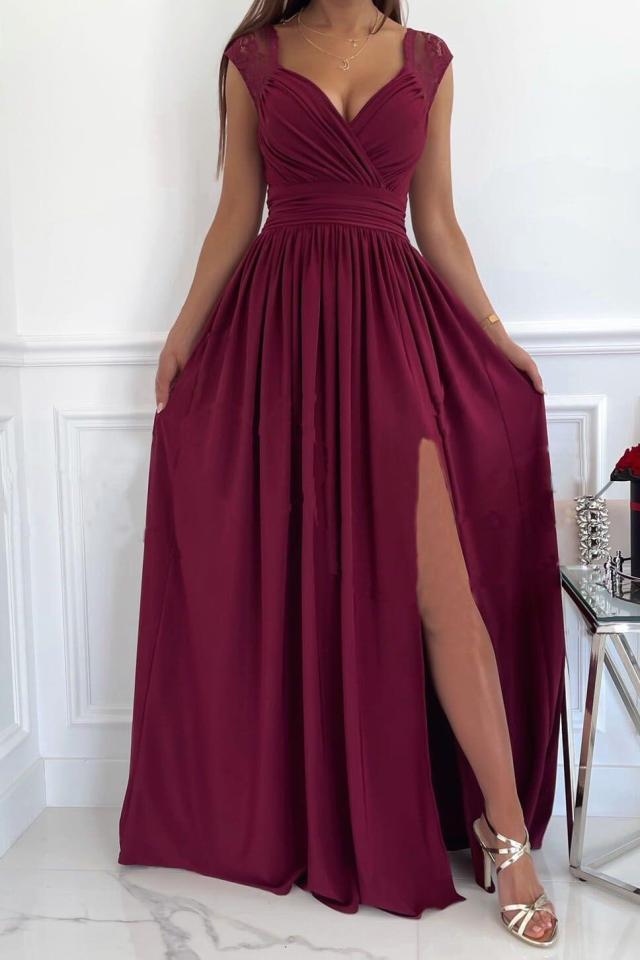 Vestido de mujer sin mangas con espalda descubierta, color liso, dobladillo ancho y abertura